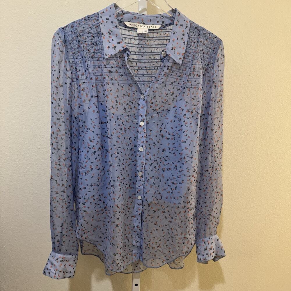 Veronica Beard Women 8 Blue Floral Sheer Smocked Blouse Tank 100% Silk